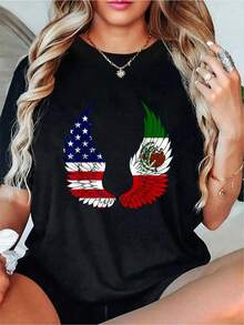 Mexico Flag 16th September Mexican American Independence Day T-Shirt - 100% Cotton T Shirts For Women, Y2K Mothers Day Outfit, Summer Tops, Going Out Cute Summer Tops - 黑色 - 查看 1