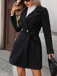 Áo khoác dáng dài cổ điển hai hàng cúc có thắt lưng dành cho nữ mùa thu đông, áo khoác dáng dài cổ ve áo choàng, áo khoác dáng dài một hàng cúc có thắt lưng. - màu đen - Xem 5