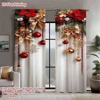 2pcs Christmas Red & Gold Ornament Curtain, Polyester Material, White Background With Golden Bows, Red Baubles & Poinsettias, Festive Holiday Window Decor