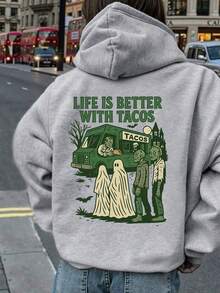 Sudadera con capucha casual de talla grande para mujer con estampados de fantasma, zombi y vagón de comedor, adecuada para uso al aire libre, con bolsillo con cordón, edición de otoño y talla grande, sudadera de talla grande con estampado para mujer