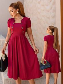 Ribbed Evangelical Midi Dress With Buttons Elegant Feminine For Party, Work And Worship Simple Mesh Buttons In The Front Tie Hem With Ruffle Midi Dress Godê Evangelical Fashion Dating Holidays All - Gỗ đỏ - Xem 2