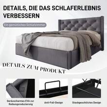 Hydraulic Double Upholstered Bed 140x200cm, Bed With Slatted Frame Made Of Metal Frame, Modern Bed Frame With Storage Space, Cotton, Grey - 深灰色 - 查看 3