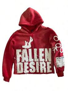 Y2K Hoodie For Man Pullover Sweatshirts"FALLEN DESIRE"Applique Embroidered Letter Graphic Hoodies - 紅色 - 查看 1