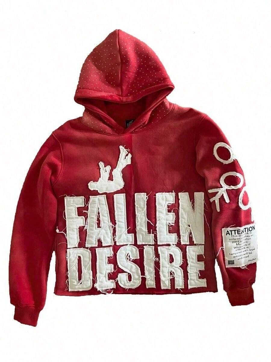 Y2K Hoodie For Man Pullover Sweatshirts"FALLEN DESIRE"Applique Embroidered Letter Graphic Hoodies - 紅色 - 查看 1