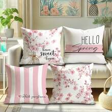 18x18 Inch Pink And White Floral Pillow Covers - Elegant Peach Blossom Floral Pattern Cushion Cases With Envelope Closure, Machine Washable Decorative Cushion Covers For Living Room, Sofa, Bedroom, Spring Party Decor - Hello Spring Home Decorations, Decorative Pillow Covers, Modern Stripe Pattern, Single-Sided Print, Bedroom Accents, Durable Fabric, Interior Designers - 樣式 3 - 查看 2