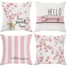 18x18 Inch Pink And White Floral Pillow Covers - Elegant Peach Blossom Floral Pattern Cushion Cases With Envelope Closure, Machine Washable Decorative Cushion Covers For Living Room, Sofa, Bedroom, Spring Party Decor - Hello Spring Home Decorations, Decorative Pillow Covers, Modern Stripe Pattern, Single-Sided Print, Bedroom Accents, Durable Fabric, Interior Designers - 樣式 3 - 查看 4