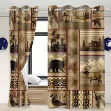 Retro Rustic Blackout Curtains Bear Deer Plaid Snowy Mountain Chalet Farmhouse Window Drapes Black Swan Lake Water Room Darkening Window Treatments For Bedroom Living Room 52x84inch CLDWMS0248 - Black - View 5