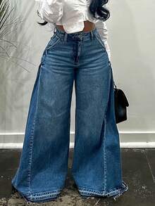 Womens Loose Wide Leg Flare Jeans Side Wide Design High Waist Comfort Denim Pants  Casual Fashion Vintage Style Plus Size Stretchy Soft Material Classic Blue Black Washed Distressed Lightweight Breathable Skinny Bootcut Retro Chic Streetwear Everyday Wear Staple Wardrobe Essential Must Have Popular Best Seller Top Rated (Non-Stretch ) - Blue - View 10