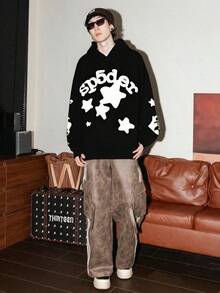 Y2K Star Pattern Sp5der Hoodie Street Zip Up Hoodie Men Goth Oversized Halloween Fall Long Sleeve Clothes - Black - View 4