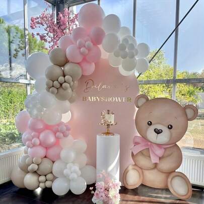 112pcs Bear Theme Balloon Arch Set, Includes Beige, White And Pink Balloons. Suitable For Birthday Party, Gender Reveal Party, Baby Shower, Girl's Birthday Decor, Wedding, Engagement Balloon Decoration, Christening, Naming Ceremony And Other Decorative Occasions.