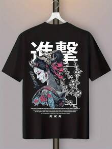 Anime Print Round Neck T-Shirt 100% Cotton Geisha - Black - View 5