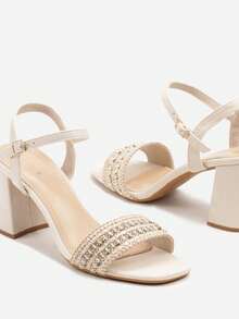 Sparkly Block Heel Sandals Women's Summer Evening/Party - Beige - View 6