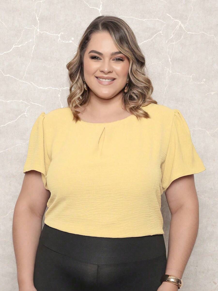 ONLYONE - PLUS SIZE WOMEN'S BLOUSE, SHORT SLEEVE PRINCESS, PLEATES ON THE NECKLINE, LIGHT DUNES - ELEGANT WOMEN'S BLOUSES, LARGE - 黃色 - 查看 1