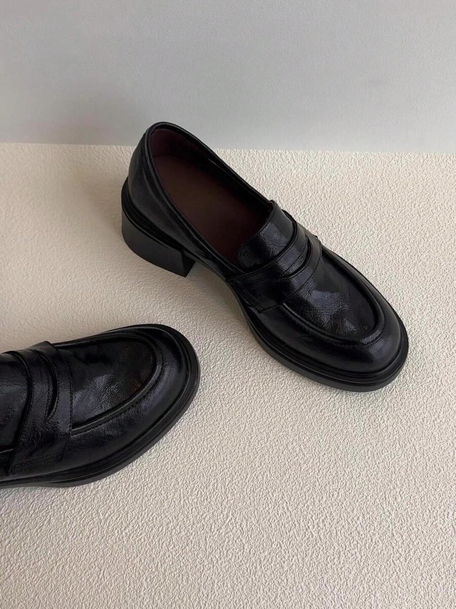 Genuine Leather Women's Single Shoes Thick Heel Small Leather Shoes British Style Thick Sole Loafers - 黑色 - 查看 1