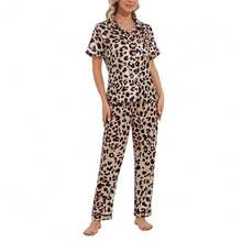 YIJIU Womens Silk Satin Pajamas Set Short Sleeve Sleepwear Soft Button Down Loungewear Two-Piece Pjs Sets XS-XXL{"Special_size_type":"Long","Size_name":"XX-Large","Color_name":"Leopard"} - 多色8 - 查看 9