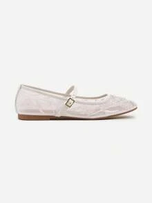 Mesh Ballet Flats With Embroidery And Buckle - White - View 3