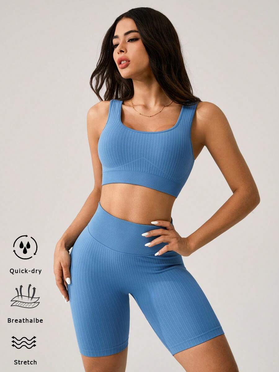 NcmRyu Women's Ribbed Crop Tank & High-Rise Biker Shorts Set - Stretchy Fabric Summer Activewear, Yoga Essential For Workout, Gym & Casual Wear - Màu xanh lam - Xem 1