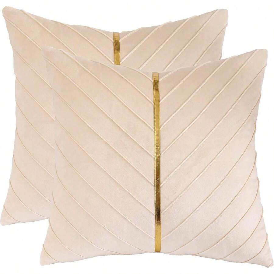 Navy Blue Velvet Throw Pillow Covers 18 X 18 Inch Pack Of 2 With Gold Leather Decor For Couch, Luxury Modern Pillowcases For Living Room, Bedroom Sofa Cushion Bed - Cream White - 查看 1