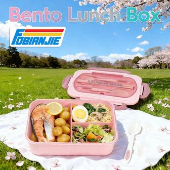  FOBIANJIE Lunch Box Leakproof Bento Box With 3 Compartments Lunch Containers With Tableware Bento School Lunch Boxes 40oz, Microwave Dishwasher Freezer