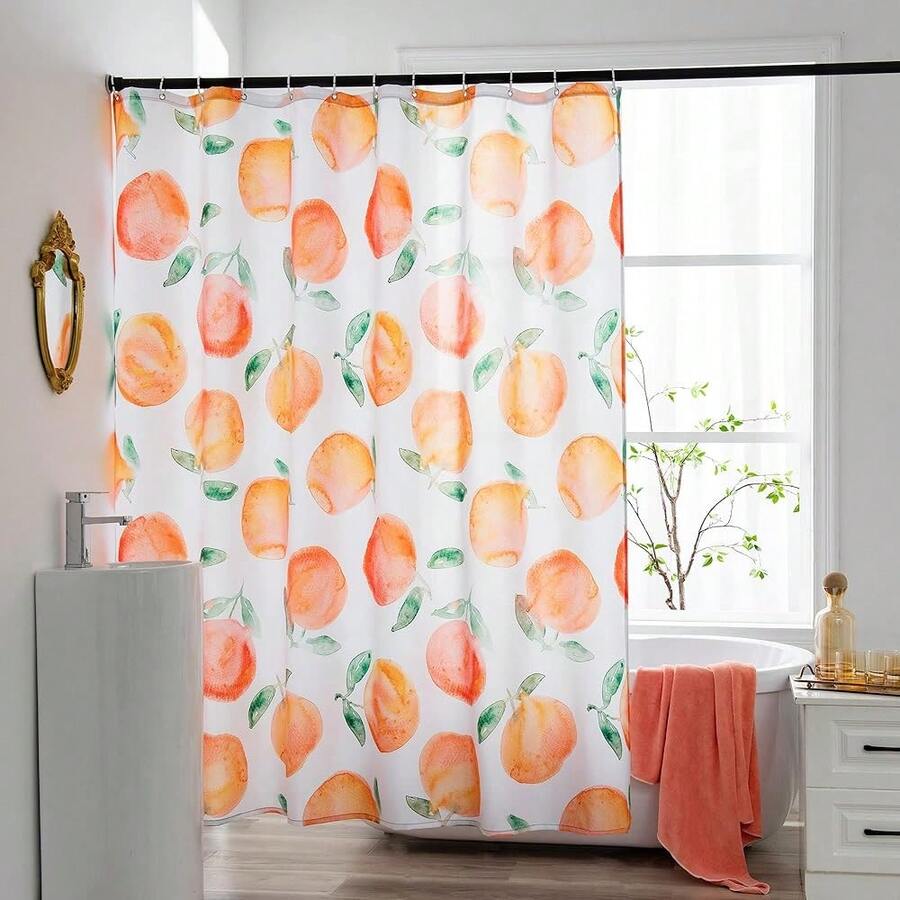 Peach Shower Curtain, Allover Fruits Waterproof Fabric Bathroom Cute Shower Curtain Set With 12 Hooks, Honey Peach 72"*72"{"Color_name":"HoneyPeach","Size_name":"72\"Wx72\"L(Packof1)"} - 多色1 - 查看 1