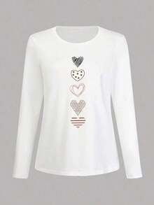 Silhoulove Camiseta de manga larga con cuello redondo informal con estampado de corazón para mujeres, adecuada para las temporadas de primavera y otoño, regalo - Blanco - Ver 4