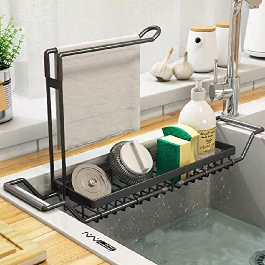 Sponge Holder For Kitchen SinkTelescopic Sink Storage Rack Kitchen Organizer Soap Brush Dispenser Expandable 14.2"17.3" Sink Caddy Organizer With Dishcloth Towel Holder(304 Stainless Steel Black) - Black - View 1