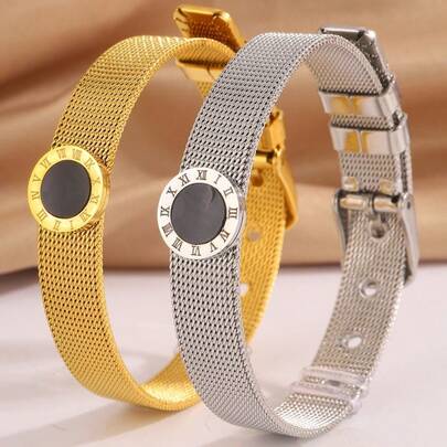 1pc Fashionable Titanium Steel Roman Black Strap Bracelet, Suitable For Men And Women Daily Wear