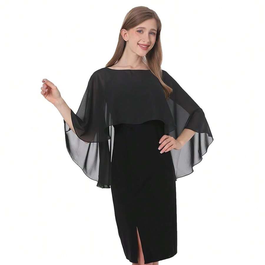 Baoqiya Women's Capelet Shawls And Wraps For Evening Dresses Soft Bridesmaid Shawl Chiffon Cape Wedding Cover Up{"Color_name":"Black"} - Black - 查看 1