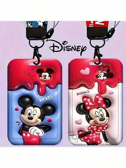 1 peça, [cordão + grampo], porta-cartões de costura, porta-cartões estampado, porta-cartões de estudante colorido Mickey e Minnie, porta-cartões de costura com desenho animado 3D, porta-cartões deslizantes de desenho animado, porta-cartões de refeição e ônibus, capa protetora para cartão de identificação, cartão de controle de acesso para campus