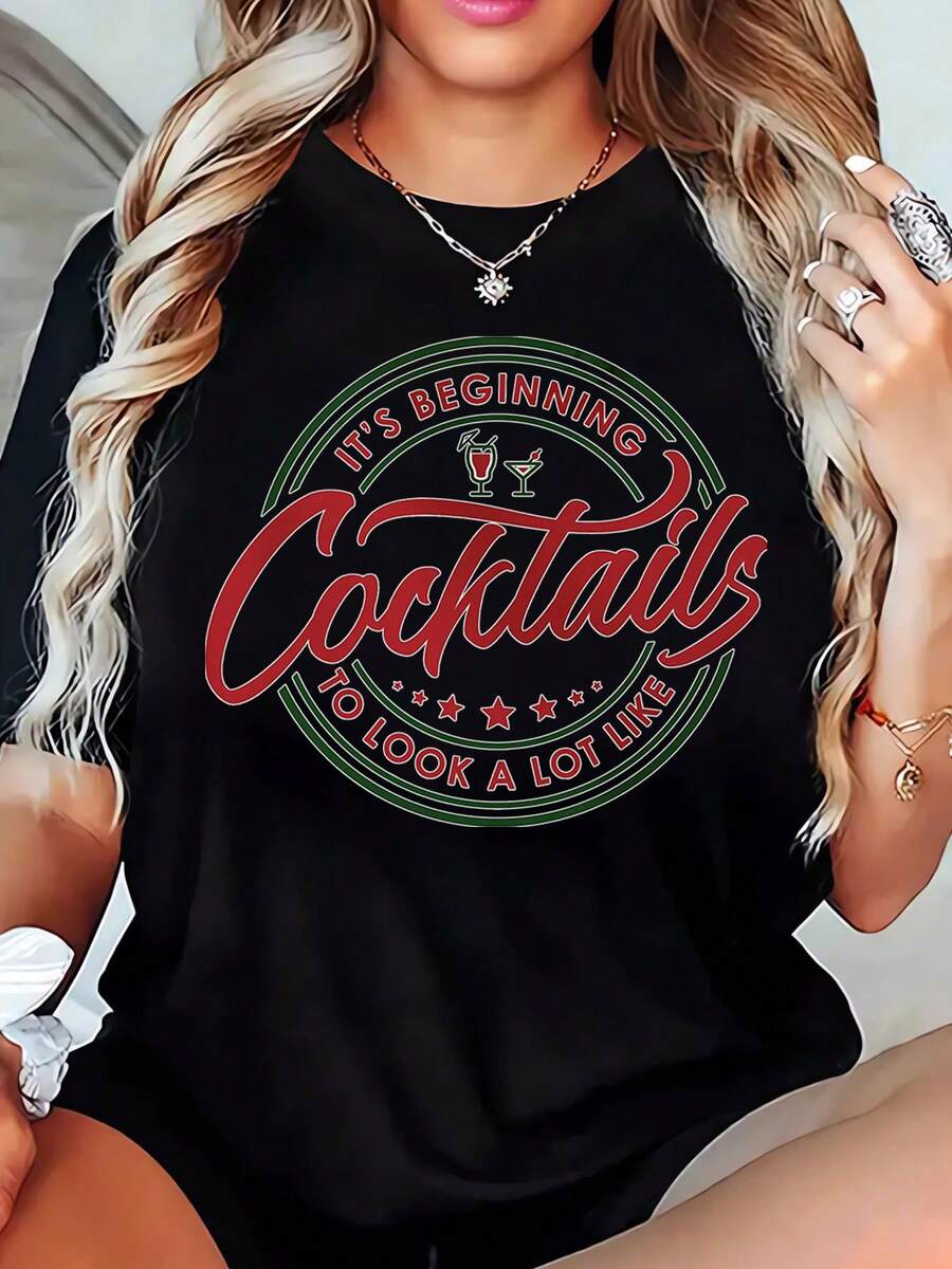 It's Beginning To Look A Lot Like Cocktails Women's Christmas Holiday T-Shirt Funny Festive Graphic Tee For Winter Party And Xmas Celebration,220g - 黑色 - 查看 1