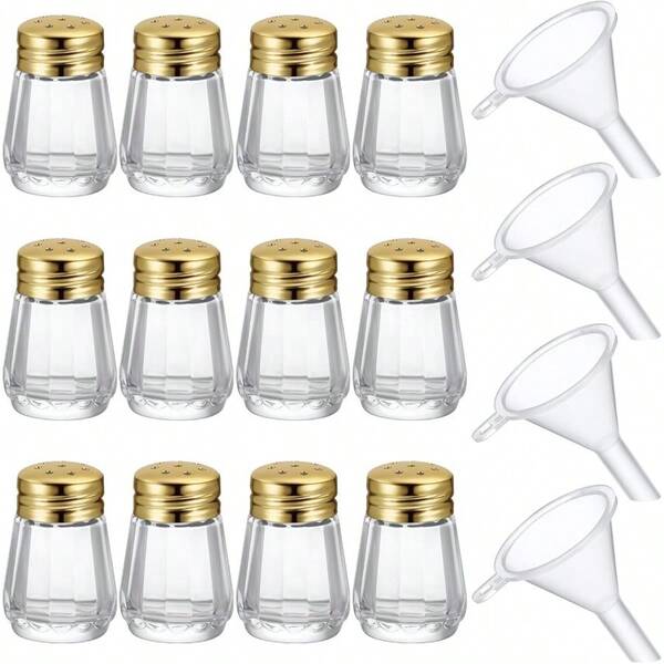 12 Pcs Cube Shape Mini Salt And Pepper Shakers Bulk 0.5 Oz Small Cube Glass Spice Shaker With Plastic Mini Funnels For Wedding Kitchen Restaurant Travel Camp Party Golden