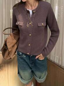 Áo khoác cardigan dệt kim mới mùa xuân/thu của MORI dành cho nữ, phong cách đường phố năng động, thiết kế cổ tròn với cúc kim loại, phù hợp cho công sở và mặc hàng ngày, áo len màu nâu trơn, thích hợp cho năm mới. - màu nâu - Xem 4
