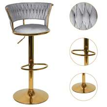 2er-Set Küchenhocker mit Samtbezug, geflochtener Rückenlehne und verstellbarer Höhe, Barhocker, Restaurant, drehbare Struktur in Gold mit Fußstütze, modernes Design