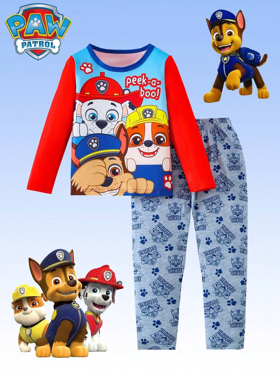 Paw Patrol 两件套汪汪队立大功男童睡衣套装，可爱卡通印花圆领长袖T恤和长裤，轻薄透气，适合秋冬休闲家居服，日常穿着、度假及送礼皆宜。 - 紅色 - 查看 1