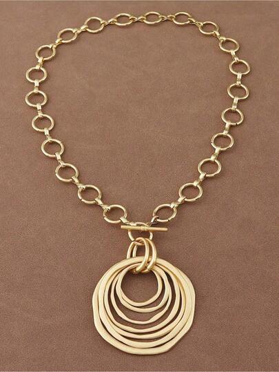 1 Piece Silver/Matte Gold Color Large Open Hollow Multi-Layer Asymmetrical Round Circle Pendant Chunky Chain Statement Necklace Suitable For Women's Daily Wear 18"+2" Extend Chain RHQQ