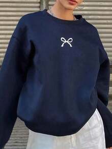 Moletom gola careca feminino estampa casual delicada para todas as estações modelo casual blogueira - Azul Marinho - Visão 1