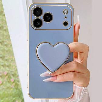 Plated Heart Stand & Plated Phone Case, Compatible With IPhone 17 16e 15 14 13 12 11 XS XR X 7 8 Plus Pro Max Galaxy S25 S24U S23 A55 A54 A35 A25 A15 A16 A17 A07 A06 REDMI NOTE 14/13/12/11/10/9/8 A5/A3, Electroplated Protective Cover