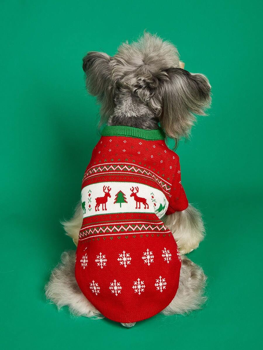 1 件高品质厚圣诞树和驯鹿图案宠物毛衣，适合博美犬、法国斗牛犬、狗和猫 - 彩色 - 查看 1