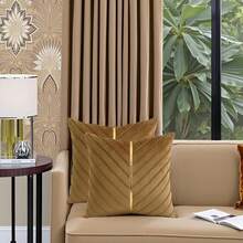 Navy Blue Velvet Throw Pillow Covers 18 X 18 Inch Pack Of 2 With Gold Leather Decor For Couch, Luxury Modern Pillowcases For Living Room, Bedroom Sofa Cushion Bed - 棕色 - 查看 7