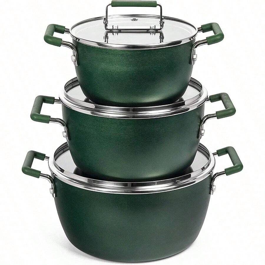 Green Pots And Pans Set Nonstick, 6 Stackable Piece Cooking Pots Set, Kitchen Pots, Non Stick Coating, 5qt 3qt 1.5qt Pots With Lids, Stay Cool Handles Dishwasher  Toxin - Emerald Green - View 1