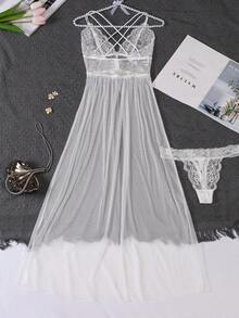 Set 2 buc. lenjerie intimă de mireasă din dantelă, plasă, transparentă, sexy, cu spate încrucișat, rochie lungă și tanga, pijamale, Rave