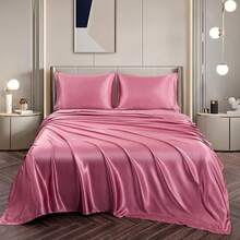 Silky Soft Pink Twin XL Satin Bed Sheets Set, 1 Deep Pocket Fitted Sheet + 1 Flat Sheet + 1 Pillowcase,  In 2025 - Light Wine Red - View 4