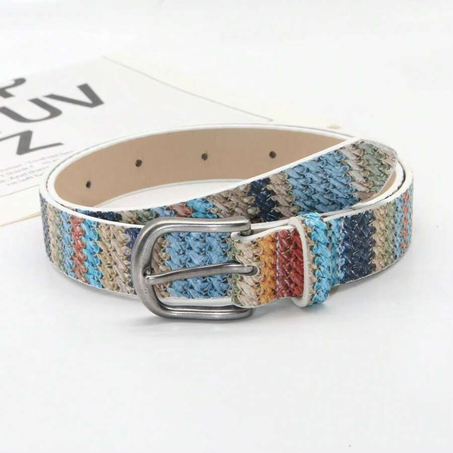 Versatile Student Korean Style Fashion Woven Pattern Decorative Buckle Belt, Shiny Bohemian PU Leather Waist Belt For Women