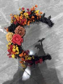 14inch Gothic Christmas Wreath - Cat Moon Silhouette With Autumn Leaves And Roses, Durable Plastic Door Hanging Decoration, Thanksgiving Home Decoration, Christmas Home Decoration, Moonlight Night Theme, Dark Aesthetic Handmade Style, Party Decoration, Fall Decor, Christmas Gifts, Christmas - Multicolor - View 14