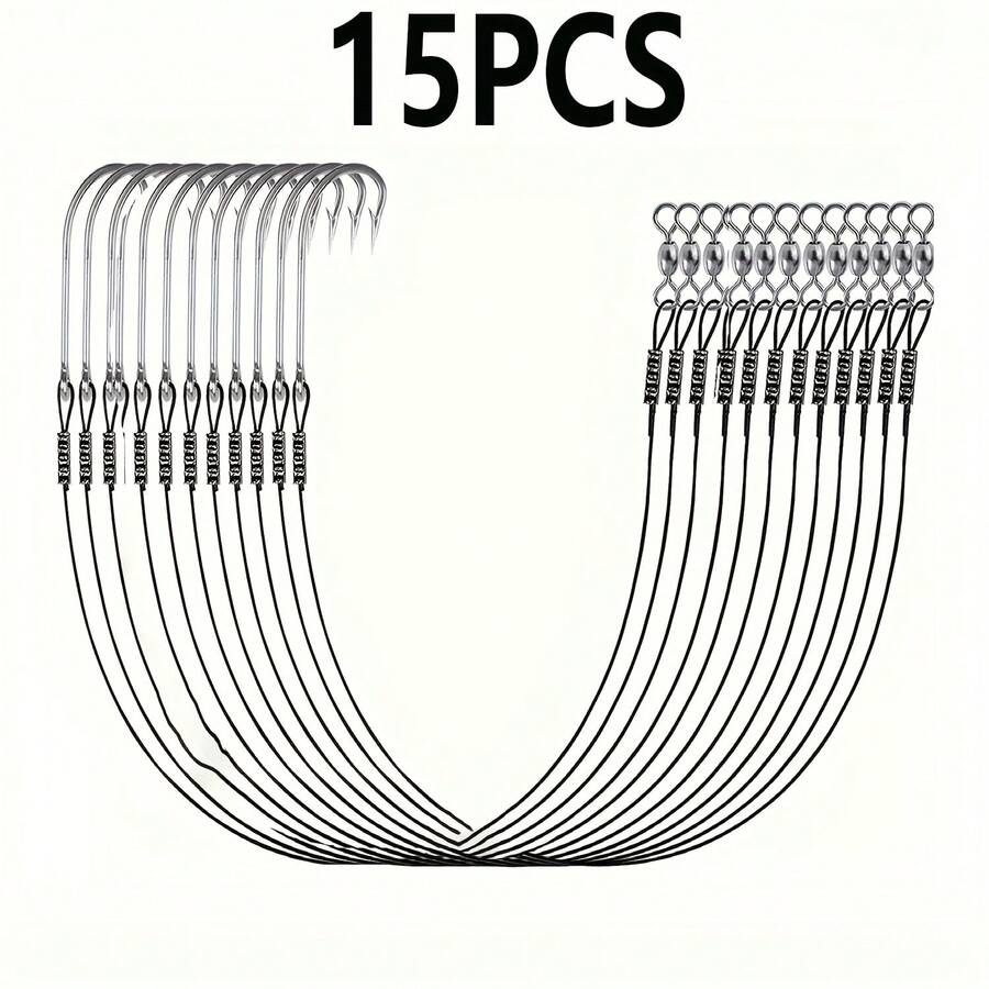15 件高品质钢鱼钩 - 长柄，耐用黑线，带 O'Shaughnessy 锻造鱼钩，适合海钓和咸水钓鱼 - D - 查看 1
