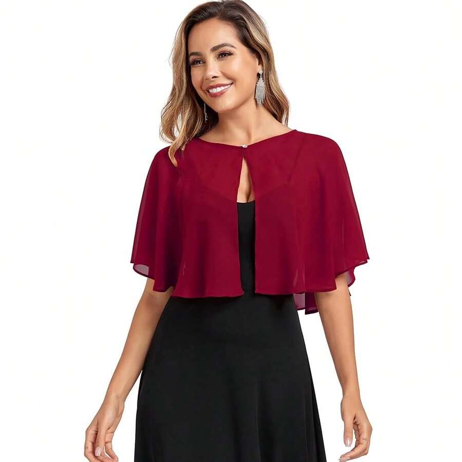 Women's Soft Chiffon Capelets Shawls And Wraps For Evening Wedding Cape Bole Cover Up{"Color_name":"WineRed"} - WineRed - View 1