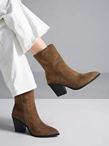 Fall/Winter US Style Pointed Toe Zipper Ankle Boots, New Vintage Pointed Western Boots, Chunky Heel Side Zipper Short Shaft European & American Boots, Size 35-42,Boots For Women