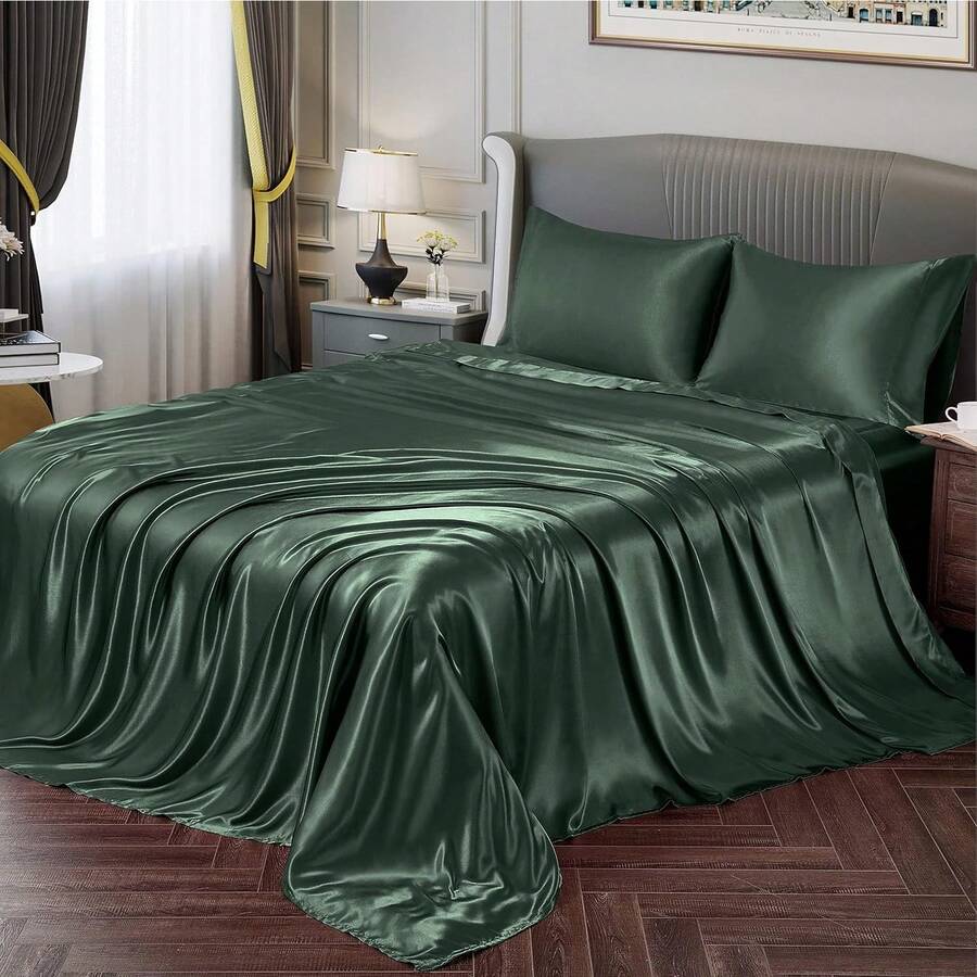 Silky Soft Pink Twin XL Satin Bed Sheets Set, 1 Deep Pocket Fitted Sheet + 1 Flat Sheet + 1 Pillowcase, In 2025 - 森林綠 - 查看 1