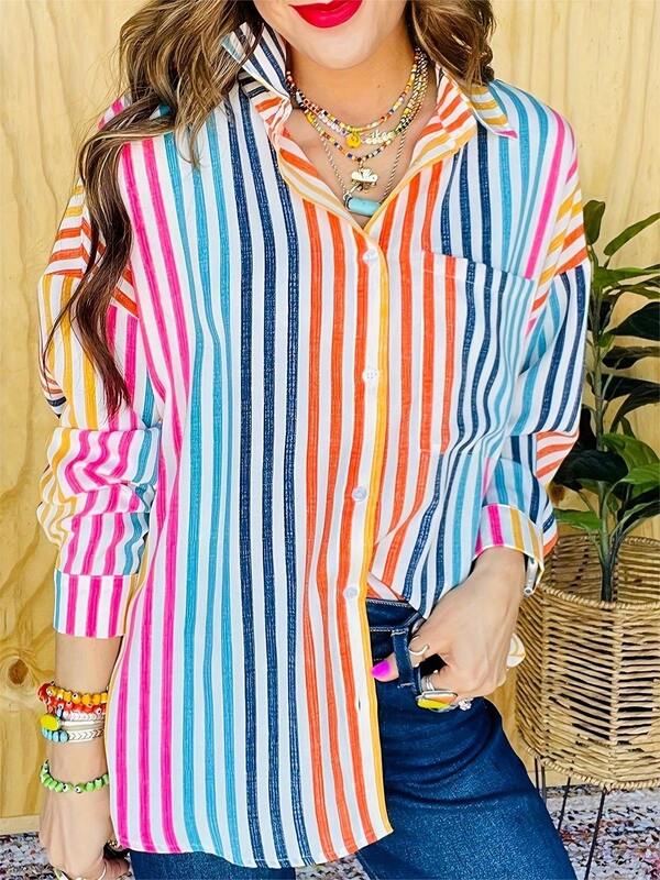 Ladies' Elegant Striped Long-Sleeved Button-Up Shirt. Multi-Color Striped Print. Suitable For Casual Wear And Office Commuting.Turn-Down Collar.
