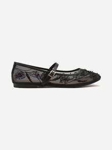 Mesh Ballet Flats With Embroidery And Buckle - Black - View 3